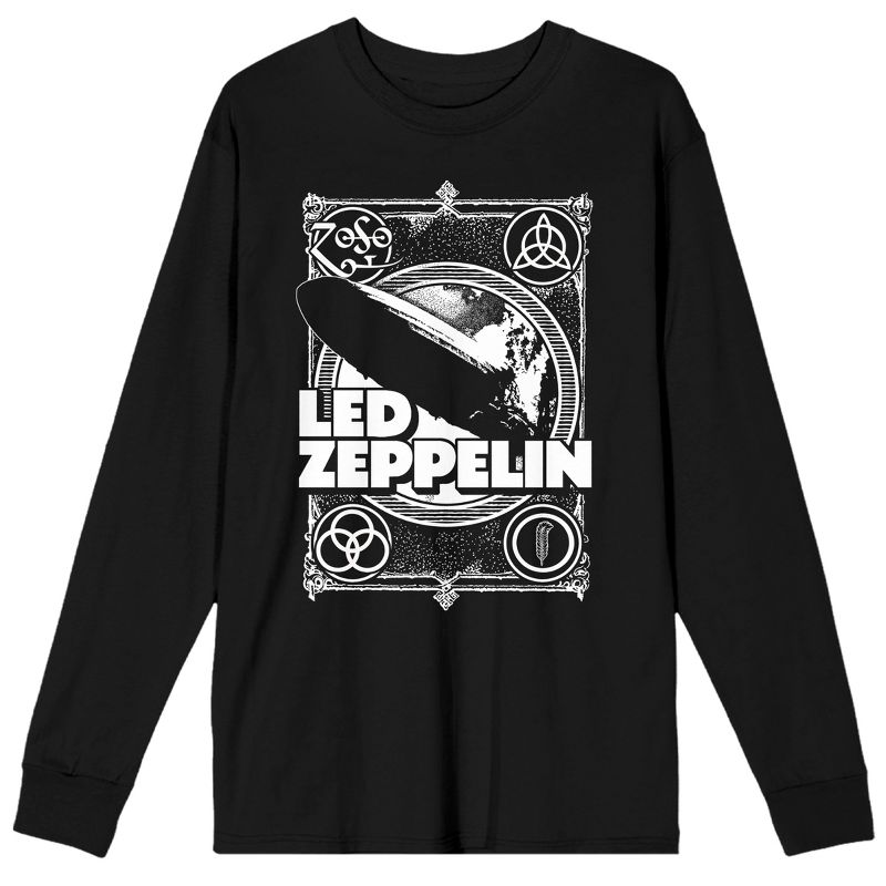 Led Zeppelin Blimp Logo & Band Symbols Crew Neck Long Sleeve Black Adult Tee, 1 of 4