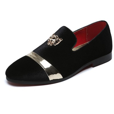 Santimon Men's Velvet Loafers with Gold Accents Slip-on Dress Shoes Black