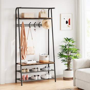 Coat Rack Shoe Bench, Entryway Hall Trees with Storage, Multifunctional Hallway Organizer with Metal Frame, 4-in-1 Hall Trees Shoe Bench, 39.4 Inch