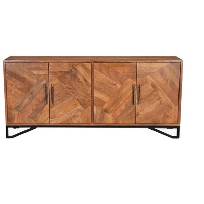 HomeRoots 82" Brown Solid Wood Carved Geometric Sideboard with Four Doors