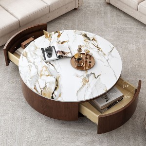 KWPZQEB Modern Round Wood Coffee Table, Center Table with Sintered Stone Top & 4 Stainless Steel Legs, Cocktail Table with 2 Drawers for Living Room - 1 of 4
