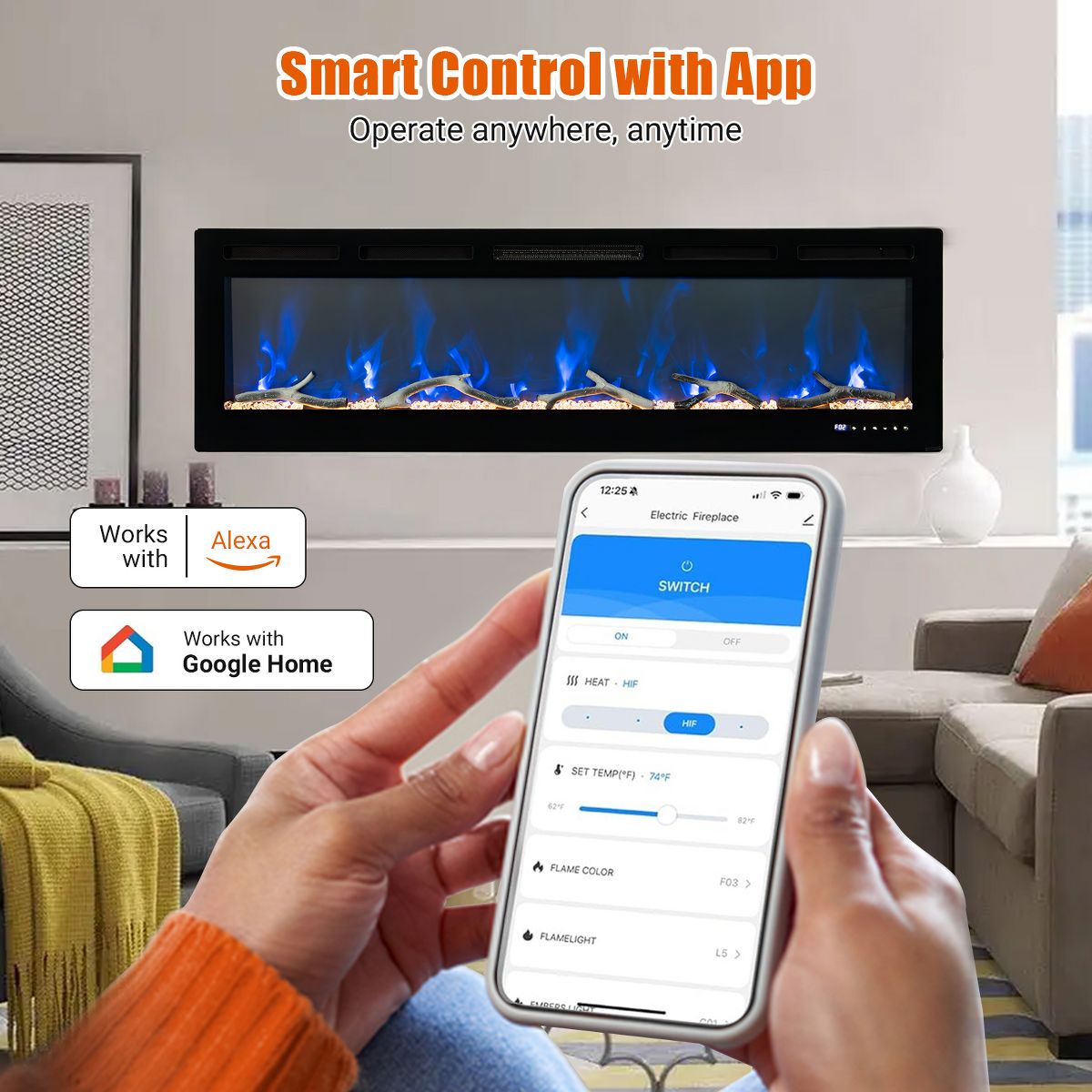 72" Smart Ultra‑Thin Electric Fireplace Insert, WiFi Alexa, 750W/1500W, Multicolor Flames, Thermostat Timer, Wall‑Recessed w/ Remote, Log & Crystal - thumbnail 2