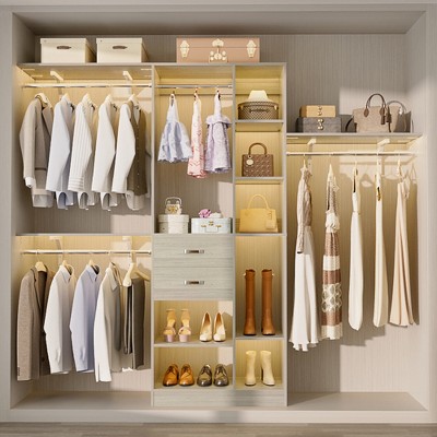 Aheaplus 96'' W Closet Organizer with 13 Shelves, DIY Closet System with Drawers and Hanging Rods