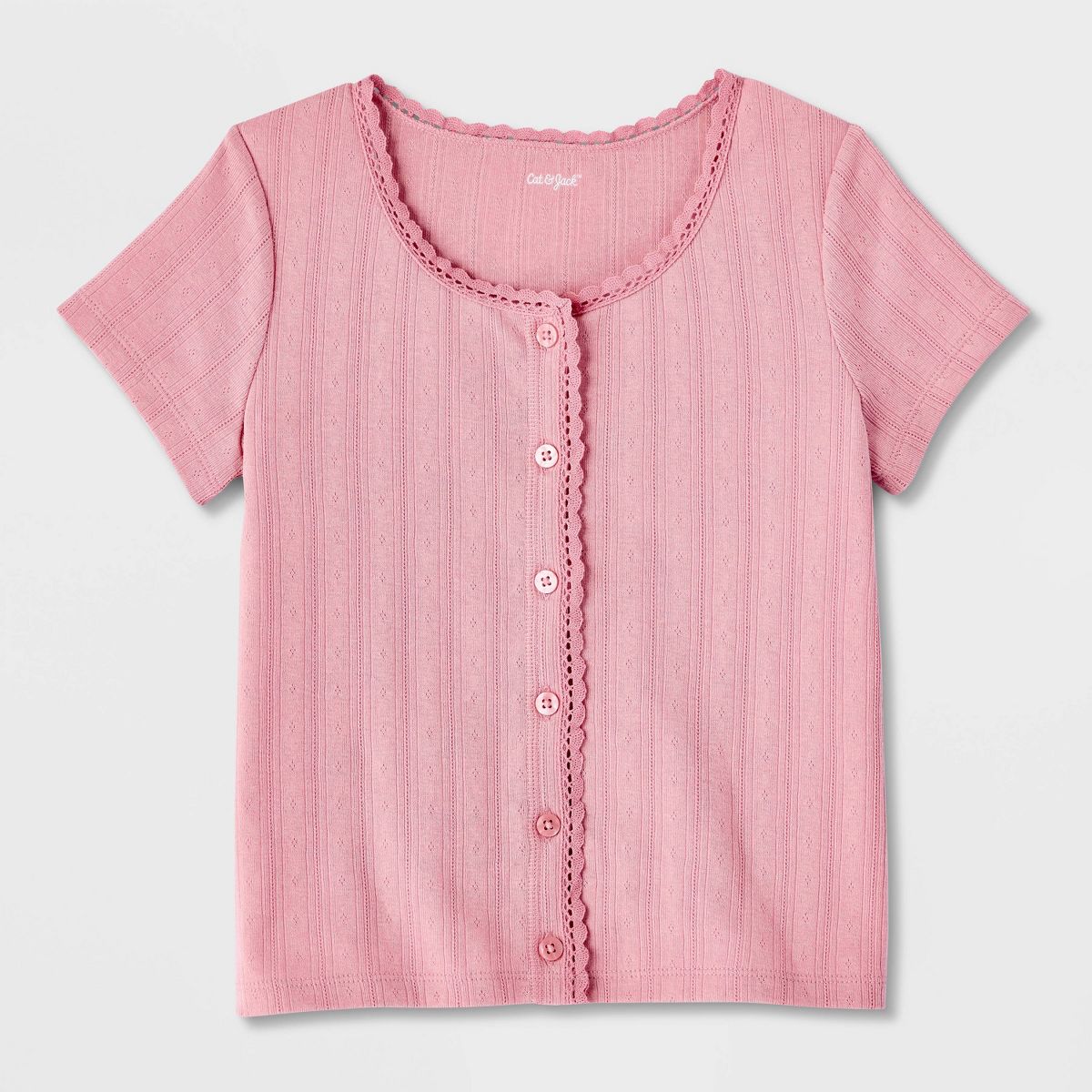 Girls' Short Sleeve Pointelle Lace Trim Button-Down T-Shirt - Cat & Jack™ - thumbnail 8