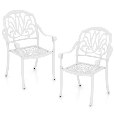 Tangkula Set of 2 Cast Aluminum Patio Dining Chairs Stackable Outdoor Dining Chairs with Armrests Outdoor Bistro Chairs White