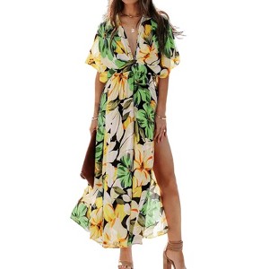 Women's Boho Floral Print Square Neck Beach Party Flowy Ruffle Maxi Dress - 1 of 4