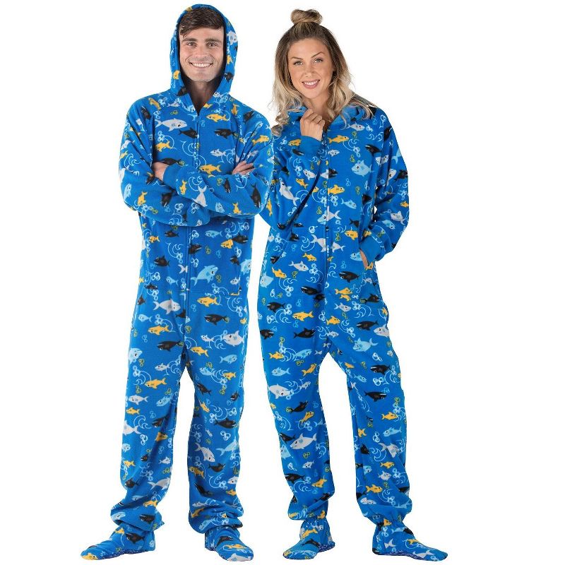 Footed Pajamas - Family Matching - Shark Frenzy Hoodie Fleece Onesie For Boys, Girls, Men and Women | Unisex, 1 of 6
