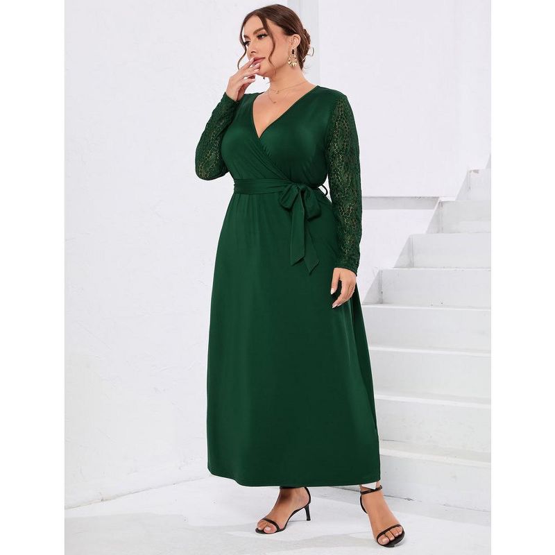 Plus Size Formal Maxi Dress for Curvy Women Wrap V Neck Dress Wedding Guest Dresses Lace Long Sleeve Fall Dress, 3 of 7