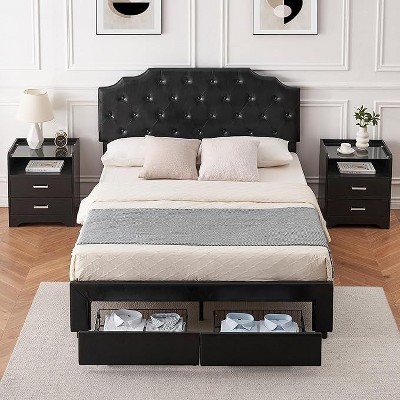 Upholstered Leather Full Size Platform Bed Frame with 2 Storage Drawers Curved Button Tufted Design Headboard Heavy Duty No Box Spring Needed, Black