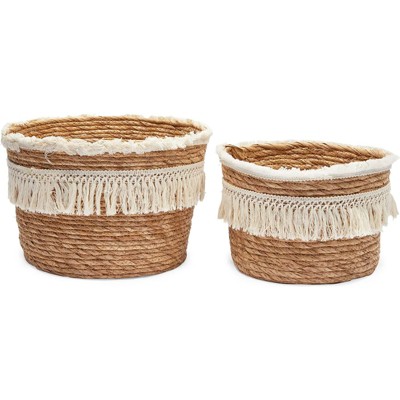 Boho Natural Woven Round Storage Baskets with Fringe, Set of 2