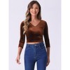 INSPIRE CHIC Women's Velvet V Neck 3/4 Sleeve Solid Crop Top - 3 of 4
