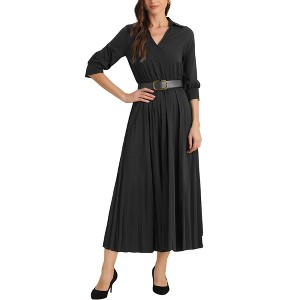 INSPIRE CHIC Women's Casual Pleated Collar V Neck Belted Maxi Dresses - 1 of 4
