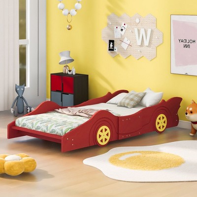 NicBex Twin/Full Race Car-Shaped Platform Bed Frame with Wheels,Solid Wood Slats Support,No Box Spring Needed,Easy Assembly