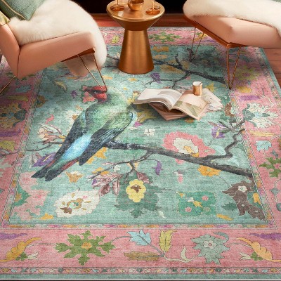 Apollo Botanical Birds Green Multi Synthetic Washable Area Rug, 9'10" x 13'