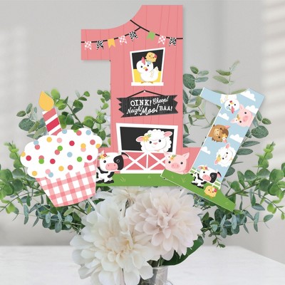 Big Dot of Happiness 1st Birthday Girl Farm Animals - Pink Barnyard First Birthday Party Centerpiece Sticks - Table Toppers - Set of 15