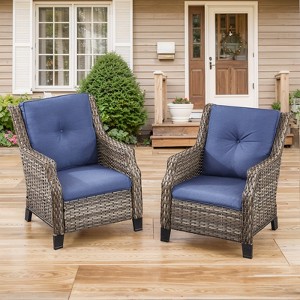 POCASSY Outdoor Wicker Chairs Set of 2 with Weather Resistant Rattan and Deep Seat, High Back Patio Chair for Balcony, Porch, Gray Wicker/Blue Cushion - 1 of 4