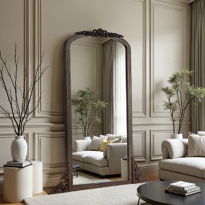 Wooakway Arch Solid Wood Accent Mirror Ornate Wall Mirror Vintage Full Length Mirror Walnut/White/Black/Charcoal/Weathered White - 1 of 4