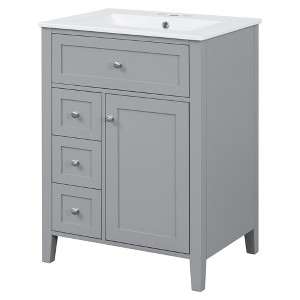 Gulches 24 Inch 1 Sink Freestanding Gray Bath Vanity with White Ceramic Top 3 Drawers Cabinet Adjustable Shelves - 1 of 4