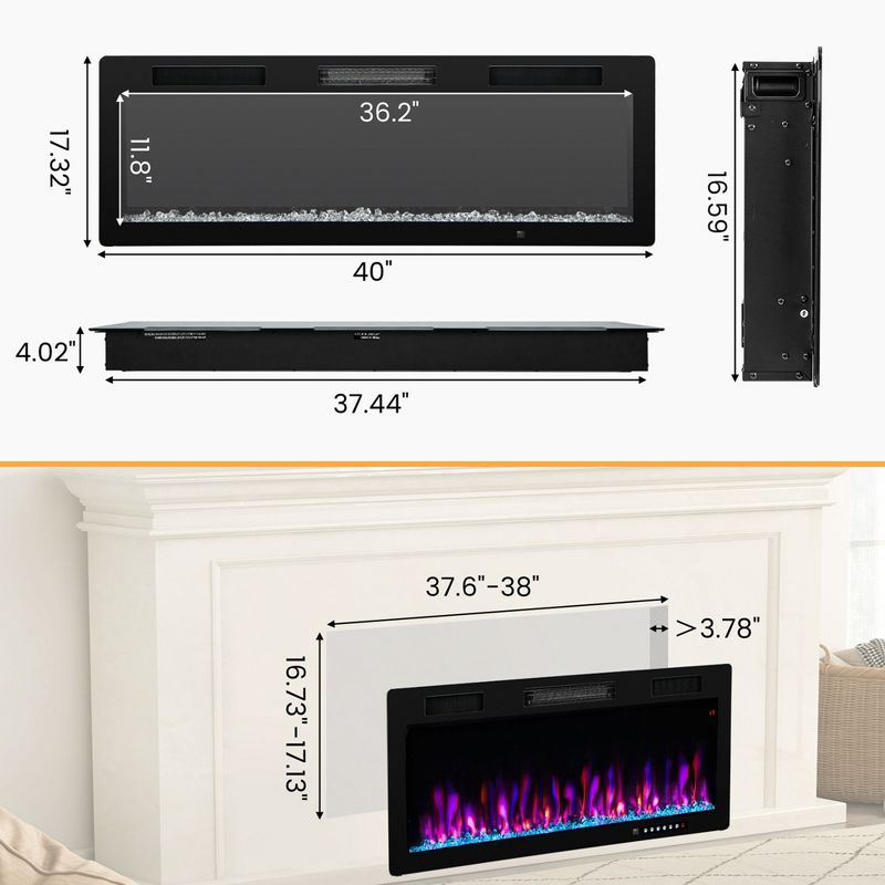 Costway 40"/50"/60" Linear Electric Fireplace 1500W Recessed Wall-Mounted with Multi-Color Flame, 3 of 11