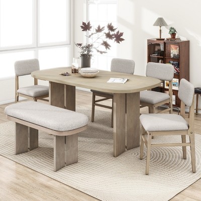 6 PCS Upholstered Farmhouse Style Dining Set, Wood Table with Curved Legs, Rubber Wood Frame Bench and Chairs with Cushions-Baofuwish