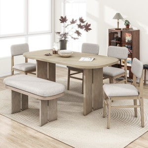 6 PCS Upholstered Farmhouse Style Dining Set, Wood Table with Curved Legs, Rubber Wood Frame Bench and Chairs with Cushions-Baofuwish - 1 of 4