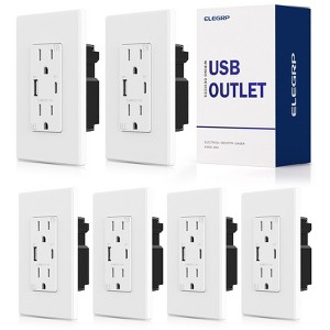 ELEGRP 30W USB Outlets Receptacles, 15 Amp Outlet with USB C and USB A Ports for Support Fast Charge Protocols,w/Wall Plate, UL Listed,White,6 Pack - 1 of 4