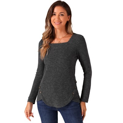 Allegra K Women's Ribbed Knit Long Sleeve Square Neck Tee Top