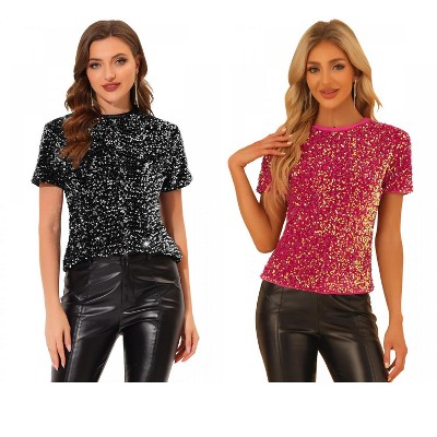INSPIRE CHIC Women's Sequin Velvet Crew Neck Short Sleeve T-shirt 2 Packs