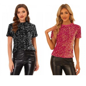 INSPIRE CHIC Women's Sequin Velvet Crew Neck Short Sleeve T-shirt 2 Packs - 1 of 4