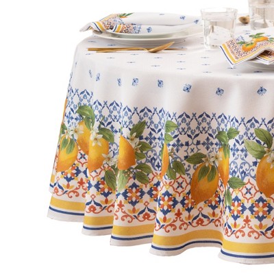 Capri Lemon Double Border 70" Round Fabric Tablecloth