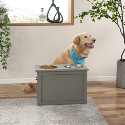 Gray Elevated Pet Feeding Station with Stainless Steel Bowls