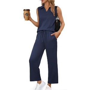 PINSPARK Two Piece Sets for Women Sleeveless Outfits Travel Tracksuit V Neck Top Wide Leg Pant Lounge Sets 2025 Summer - 1 of 4