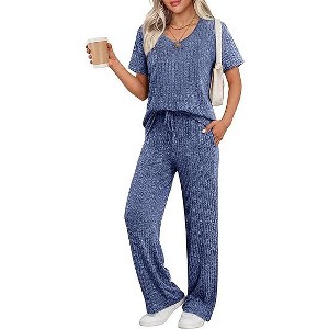 Ekouaer Pyjama Damen Herbst Schlafanzug Kurzarm Lang Hose Rippen Nachtw?sche - 1 of 4