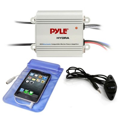 Pyle PLMRMB2CW Compact 2-Channel 400W Max Bluetooth Marine Vehicle/Boat Amplifier Kit, Waterproof Audio Power Amp System with Device Pouch