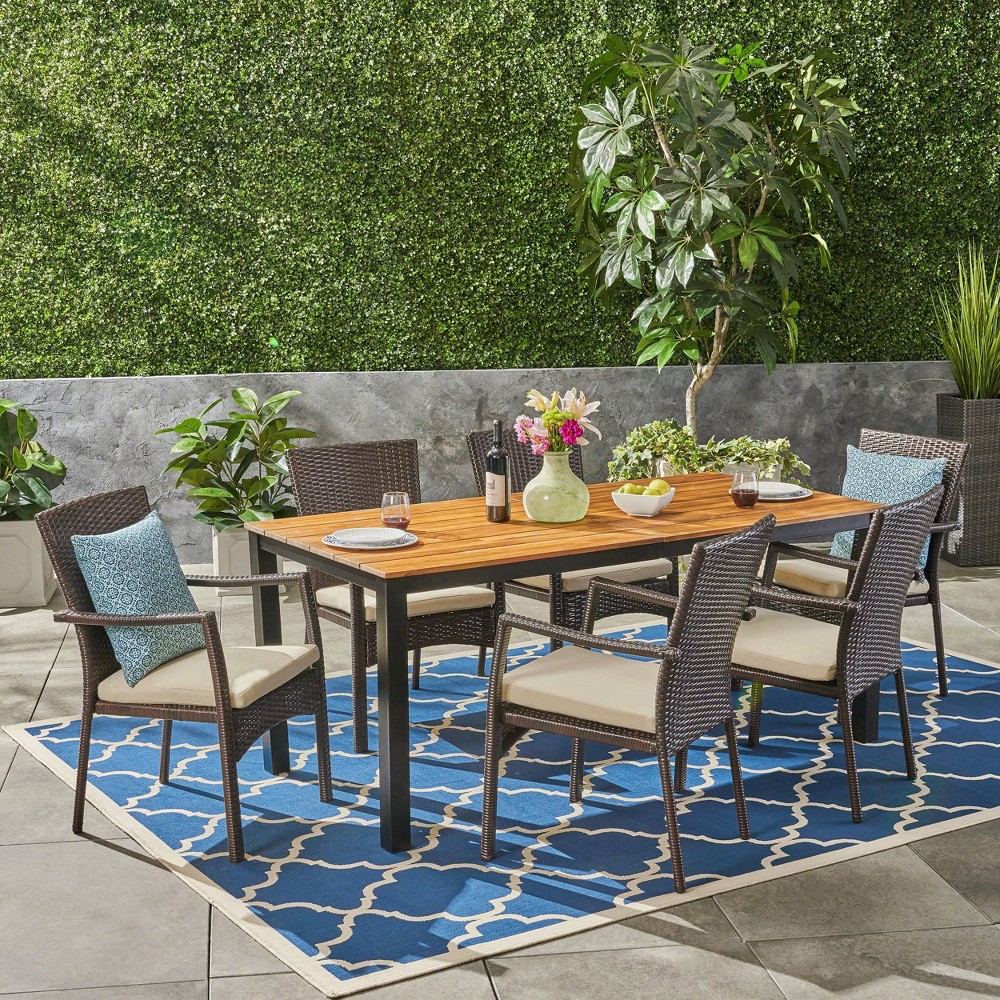 Photos - Garden Furniture Marconi 7pc Acacia Wood Dining Set with Wicker Chairs & Cushions - Christo