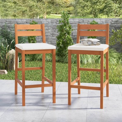 Natural Eucalyptus Wood Outdoor Bar Stools with Off-White Cushions, Set of 2