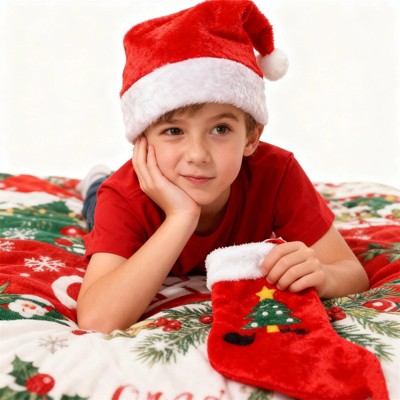 Clotth Christmas Decoration Plush Hat - short plush Santa Hat, Christmas Hat, Holiday Decor, Red and White - One Size for Children