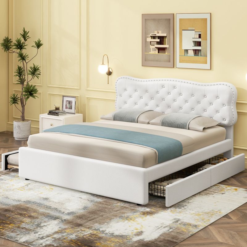 Queen/Full Size Upholstered Platform Bed with Storage Drawers and Trundle Bed, White-ModernLuxe, 1 of 13