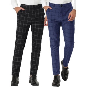 Lars Amadeus Men's Slim Fit Flat Front Zipper Closure Business Checked Dress Pants 2 Packs - 1 of 4