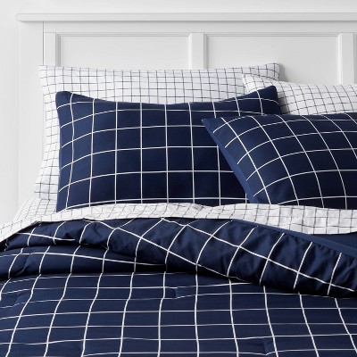 7pc King Grid Printed Microfiber Comforter & Sheets Set Navy - Room Essentials™