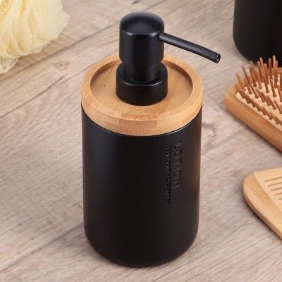 Evideco French Home Goods Elegant Soap Dispenser - Polyresin and Bamboo Design, Refillable Liquid Pump