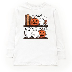 Halloween Bookshelf Ghosts - Toddler Long Sleeve Graphic Tee and Youth Long Sleeve Graphic T-Shirt - 1 of 3