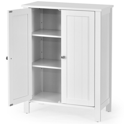 Tangkula Bathroom Floor Cabinet 3-Tier Storage Cabinet with Double Door & Adjustable Shelf Wooden Bathroom Cabinet for Home White