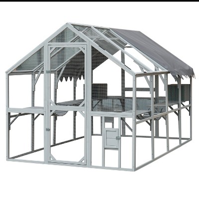Dolonm 110" Walk-in Catio Enclosure w/ Weatherproof Roof - Blue&Grey Metal-Wood Cat House, 2 Bridges & 7 Walks for Outdoor Cats