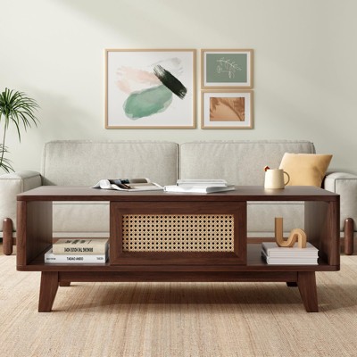 Lirago,Modern Square Coffee Table with Rattan Drawer - Wooden Mid-Century Design for Living Room-Dark Walnut