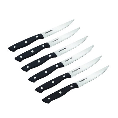 Farberware 6pc Steak Knife Set: Stainless Steel Blades, Black Plastic Handles, Hand Wash, Lifetime Limited Warranty