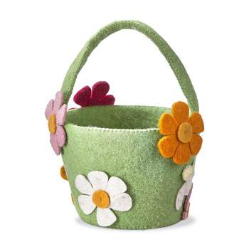 TAG Easter Felt Bunny and Flowers Easter Basket Green, 7L x 8W x 10H Inches