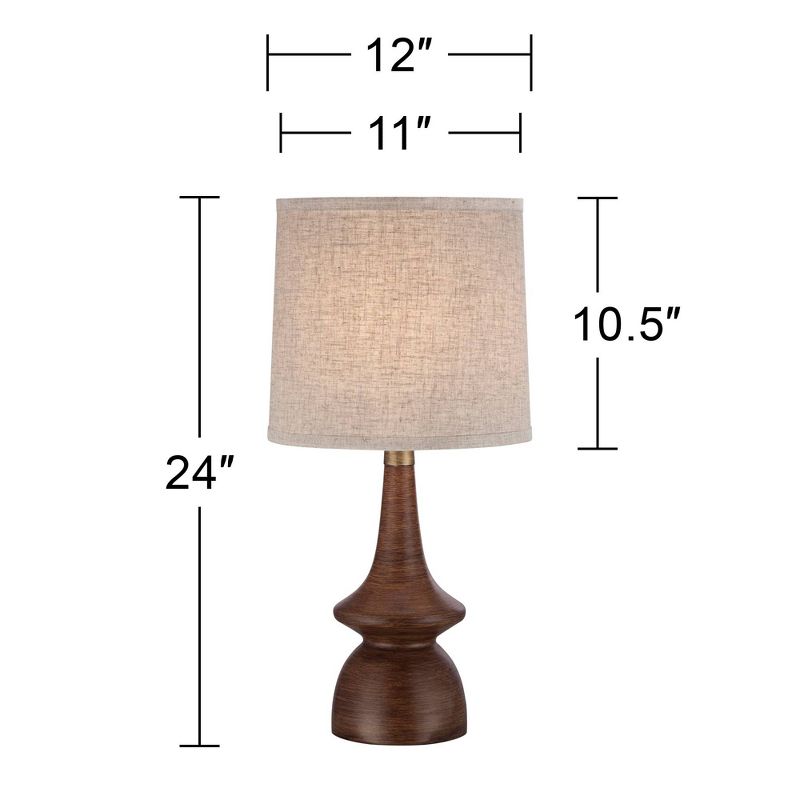360 Lighting Mid Century Modern Table Lamp 24" High Walnut Faux Wood Brown Off White Linen Drum Shade for Bedroom Living Room House Bedside Office, 4 of 12