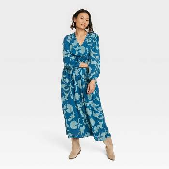 Women's Long Sleeve A-line Maxi Dress - Knox Rose™ Blue Floral 2x