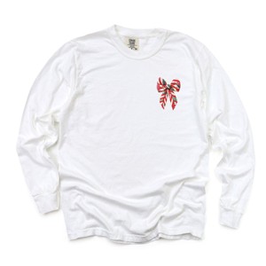 Christmas Bow Quilted Print - Women's Garment Dyed Long Sleeve Graphic T-Shirt - 1 of 3